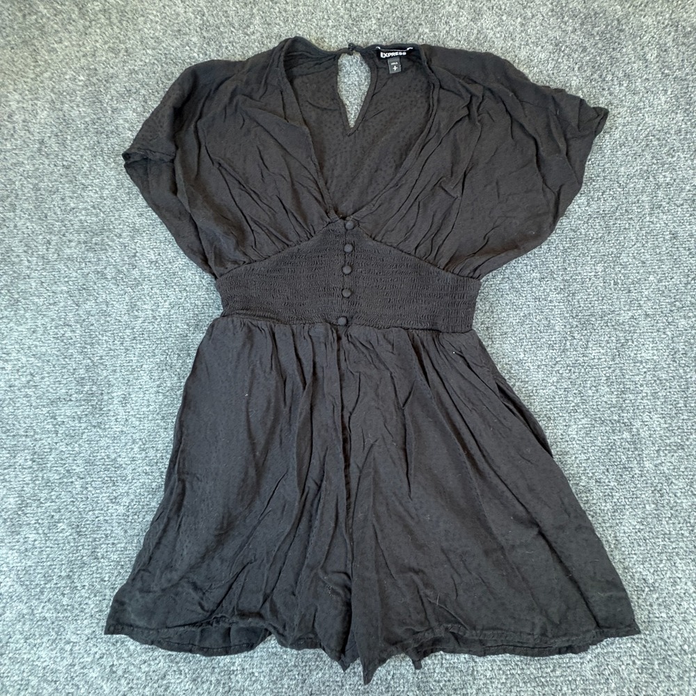 Express Kimono Romper Womens Small Black Smocked Waist V Neck Keyhole‎ Back